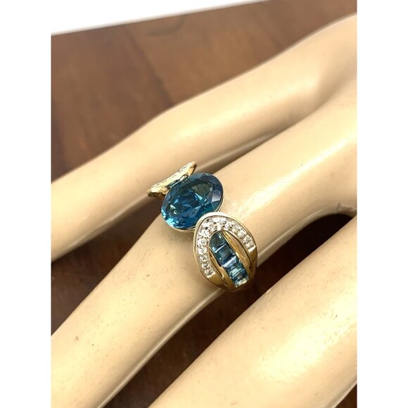 Blue Gemstone Diamond Cocktail Ring 10k Yellow Gold Estate Jewelry Womens Size 6 - Picture 13 of 14